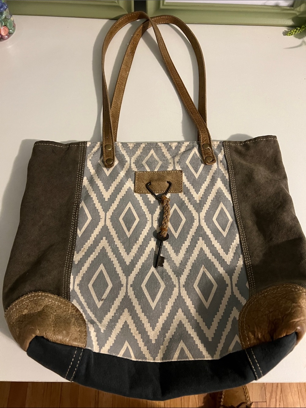 Canvas Diamond-Print Tote Bag in Gray and Brown
